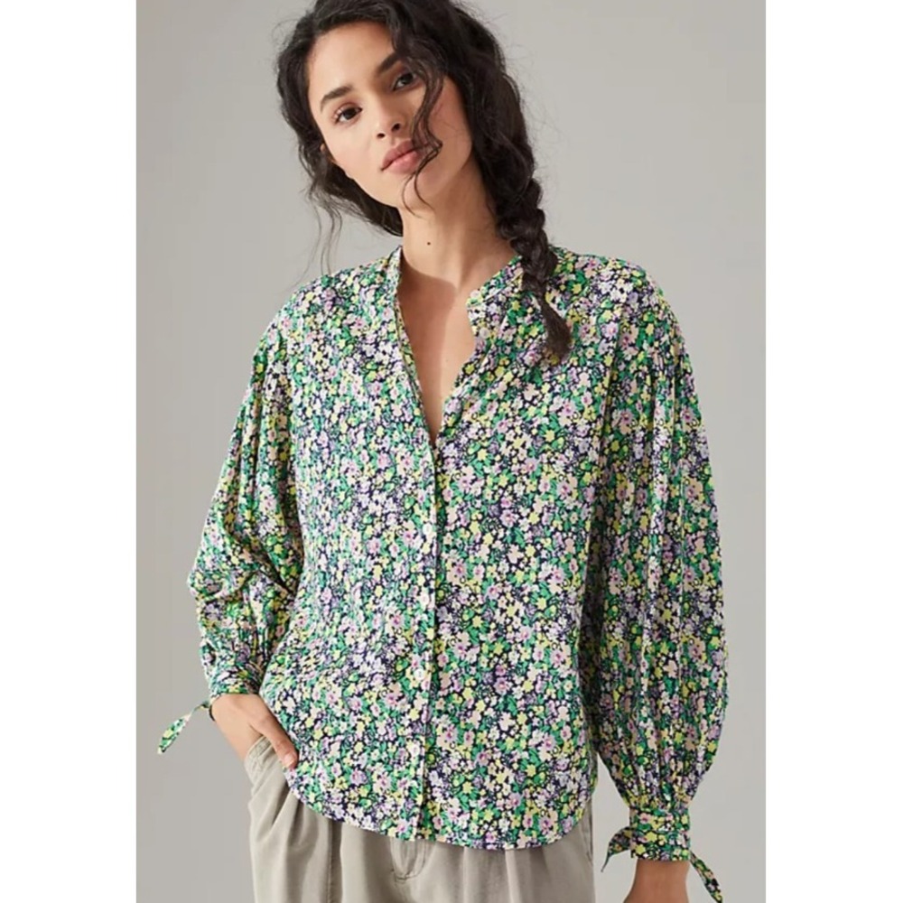 Anthropologie‎ Maeve Ashleigh Puff Tie Sleeve Shirt Women's XS Cottage Boho Chic